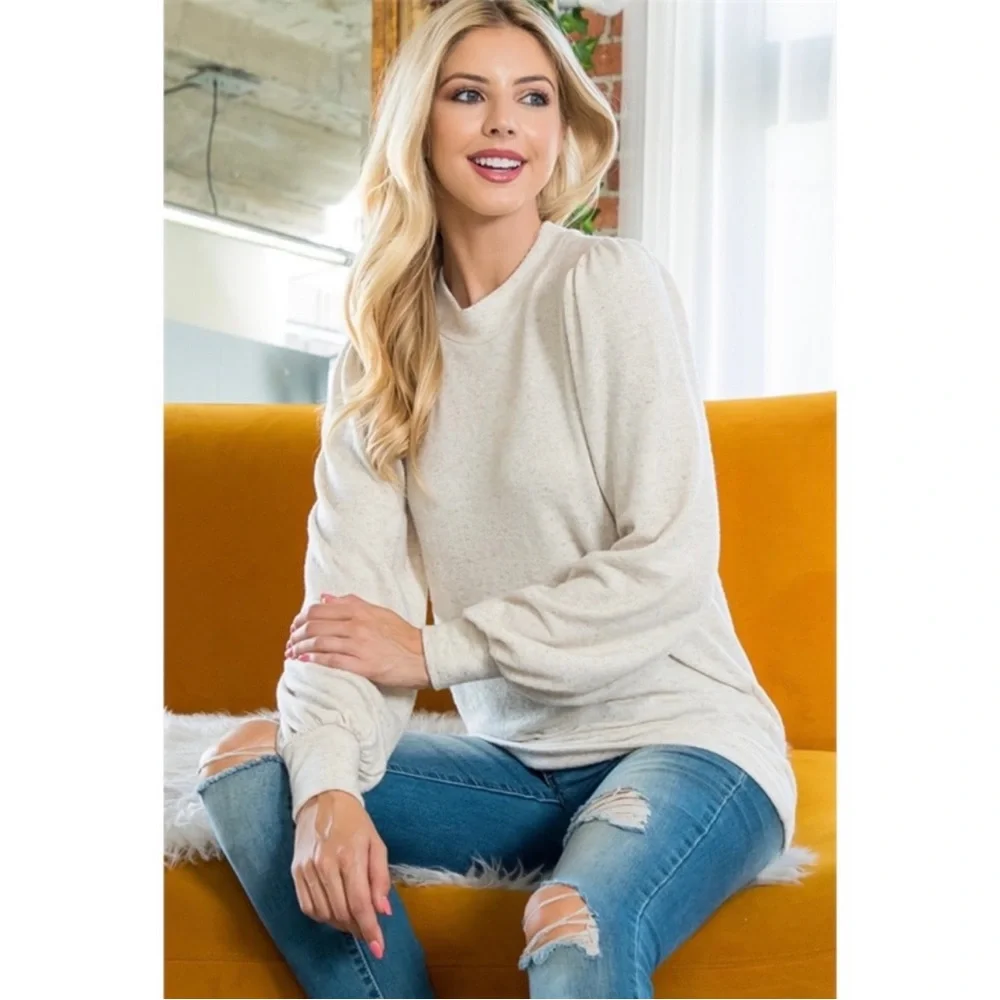 NEW- Crew Neck Puff Sleeve Top, Color: Oatmeal/Flax, Size: XL - Picture 2 of 16